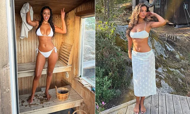Maya Jama relaxes in a sauna in a skimpy white bikini as she shares wholesome snaps from 'the best time' with her family in Sweden