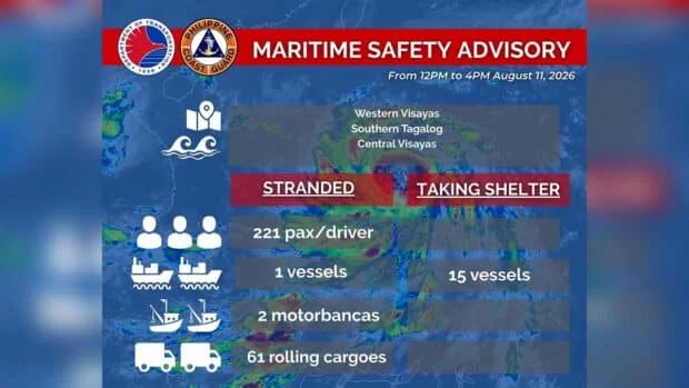 Habagat strands 221 passengers, 61 vehicles in Visayas, S. Tagalog ports