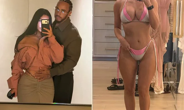 Kim Kardashian cosies up to boyfriend Lewis Hamilton before posing in a bikini in loved-up snaps after the F1 star shared how she 'makes him happier'