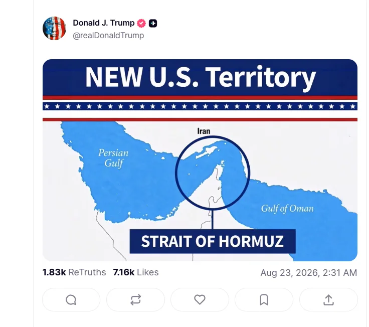 Trump posts map showing Hormuz as 'new US territory'