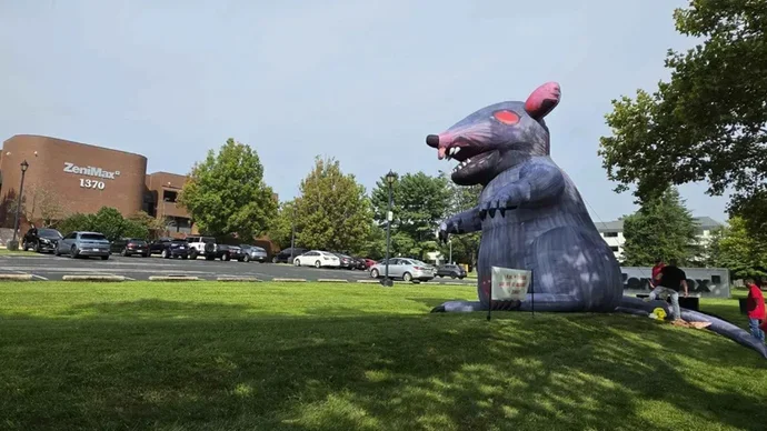 As Xbox head Asha Sharma reportedly visits Bethesda HQ, workers put up red flags representing laid off staff and a giant inflatable rat outside