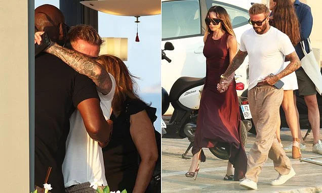 David Beckham's 5ft 11in frame is dwarfed by 6ft 6in Michael Jordan as the sporting legends enjoy another meet during South of France jaunt, while Victoria wows ahead of lavish sunset dinner