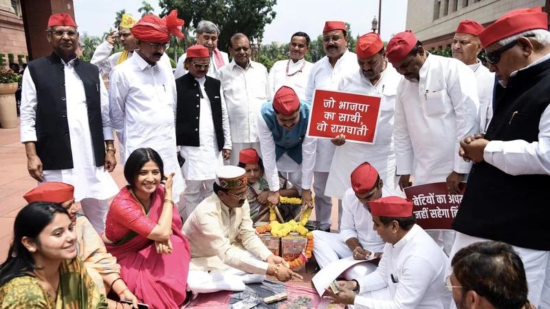 Opposition parties protest outside ‘Makar Dwar’ in Parliament House