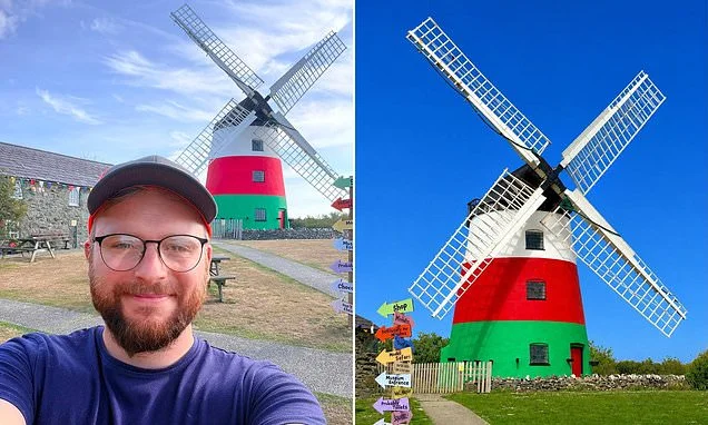 Owner of 250-year-old Grade II-listed windmill gives it colourful makeover as original miller's descendant says paintjob would have made him 'turn in his grave'