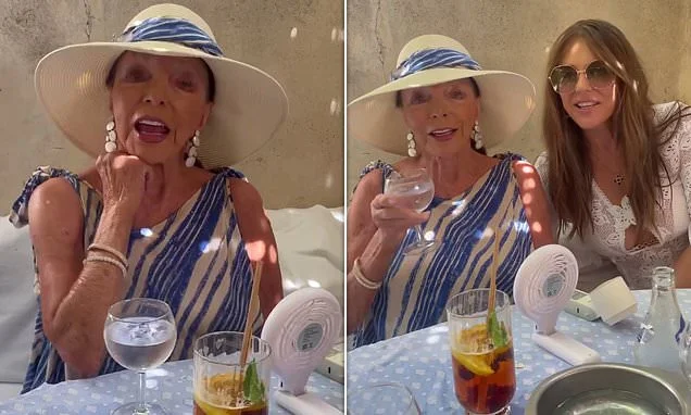 Joan Collins, 93, jokes she's 'spending all Elizabeth Hurley's money' as they enjoy lunch in St Tropez with Damian and Billy Ray Cyrus